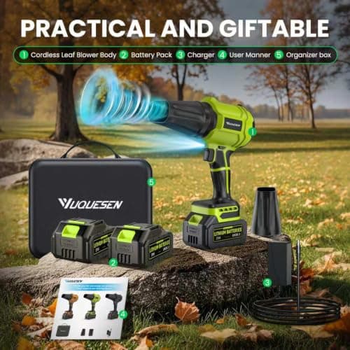 YUQUESEN Cordless Leaf Blower, 980,000 RPM Handheld Leaf Blower with 2 Batteries & Charger, Lightweight Leaf Blowers for Patio, Lawn, Leaves, Dust - Bright Green view 6