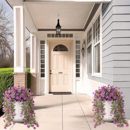 Meitrio Artificial Fake Flowers Plants for Outdoors, 2 PCS UV Resistant Faux Silk Daisy with Eucalyptus Leaves Hanging Flowers for Home Garden Balcony Yard Porch Decor(Purple) view 5