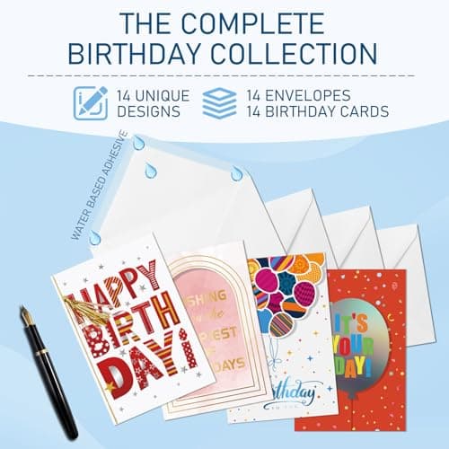 14 Pack 3D Handmade Birthday Cards Bulk with Envelopes, Unique Greeting Cards for Women & Men, 4.7×6.8 Inch, Gold Foil, Glitter, Happy Birthday Cards with Printed Messages – For Friends, Family, Coworkers view 3