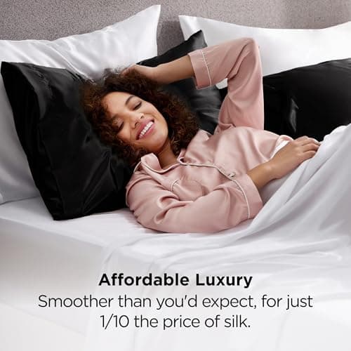 Bedsure King Size Satin Pillowcase Set of 2 - Black Silky Pillow Cases for Hair and Skin with Envelope Closure, Similar to Silk Pillow Cases, Gifts for Women Men, 20x36 Inches, 2pcs view 5