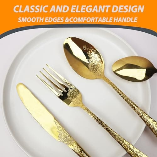 Runfly Vintage Carved Floral Gold Silverware Set for 4, Stainless Steel 20-Piece Flatware Set with Knife/Fork/Spoon, Cutlery Set for Home and Kitchen, Modern Utensil Set view 3