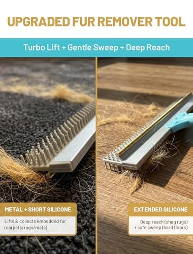 Carpet Rake for Pet Hair Removal: DELOMO Carpet Scraper Broom with 54” Adjustable Long Handle, Dual-Sided, Metal + Short Silicone for Carpets & Rugs, Extended Silicone for Shag Rugs & Hard Floors view 3