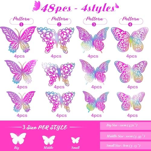 3D Butterfly Wall Decor 3 Sizes 4 Styles Butterfly Party Decorations Cake Decorations Removable Stickers Wall Decor Room Mural Metallic (Laser Pink, 48Pcs) view 3