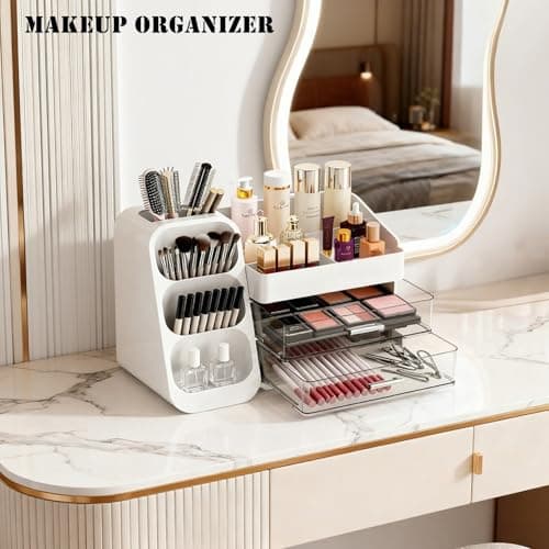 ShinyDew Makeup Organizer with Brush Holder for Vanity, Spacious Cosmetic Display Case with 2 Drawers, The Perfect Bathroom Vanity Organizer for Beauty Essentials, Skincare, Lipsticks view 2