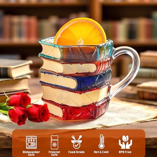 Hand-Painted Book Design Glass Coffee Mug, 7oz, Red and Blue Vintage Pattern, Tea Cup with Handle for Readers, Bookworm, Ideal Gift for Christmas, Birthday (Small) view 7