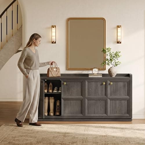 SICOTAS 4-Door Buffet Cabinet, 61.7" Wide Modern Industrial Sideboard with 2 Separate Bays & Adjustable Shelves, Extra Long Credenza with Luxury Gold Handles for Kitchen Living Room, Dark Gray Oak view 5