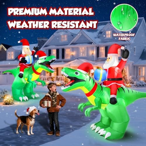 9x7FT Christmas Inflatables Santa Ride on Dinosaur with LED Outdoor Christmas Dinosaur Inflatable Blow Up Yard Decorations with Sandbags Stakes Strings for Garden Decor view 5