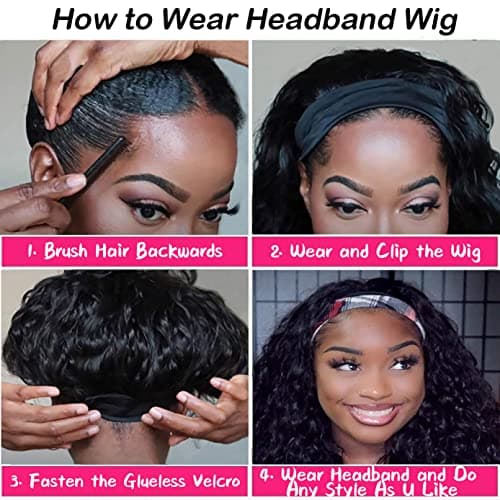 JCL Curly Headband Wig Human Hair 180% Density 12 Inch Headband Wigs for Black Women Deep Wave None Lace Front Wigs Human Hair Wear and Go Glueless Wig Natural Color view 6