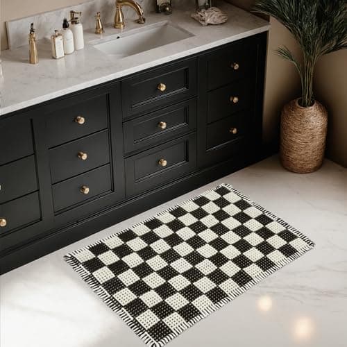 MatEssenz Checkered Bath Mat 2'x3', Black and White Waffle Weave Bathroom Rug with Tassels, Non-Slip & Quick Dry Bath Rugs for Tub and Sink, Machine Washable, Skin-Friendly Boho Decor view 3