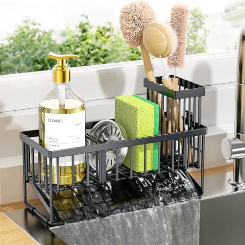 Cisily Sink Caddy Sponge Holder for Kitchen with Brush Holder and Stainless Steel Self Drain Tray, Rustproof Kitchen Sink Organizer for Sponge, Soap Dispenser Storage Accessories view 1