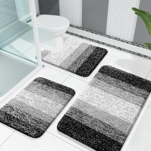 OLANLY Bathroom Rugs Sets 3 Piece, Soft Absorbent Microfiber Bath Mats and U-Shaped Contour Toilet Rug, Plush Shaggy Bath Mat Set for Bathroom (30"x20"+24"x16"+24"x20", Black) view 1