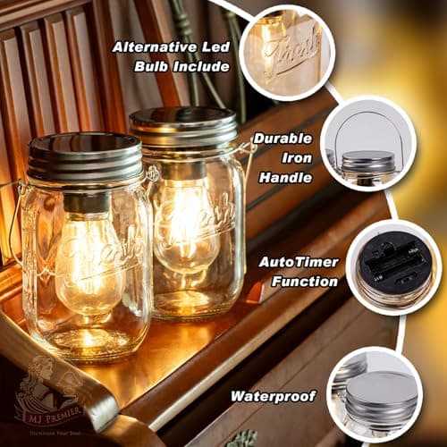 MJ Outdoor Mason Jar Lights Hanging Battery Operated Lamp Timer Cordless Lamps 2-Pack LED Decorative Garden Lanterns Glass Light for Patio Camping Courtyard Backyard Tree Hallway Stairs( Transparent) view 4