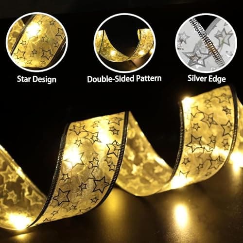 Christmas Tree Decorations Ribbon Lights, 32ft 100 LED String Lights, Battery-Powered Copper Wire Christmas Tree Ribbon Lights for Holiday Party Weddings Indoor Christmas Tree Decorations (Gold) view 2