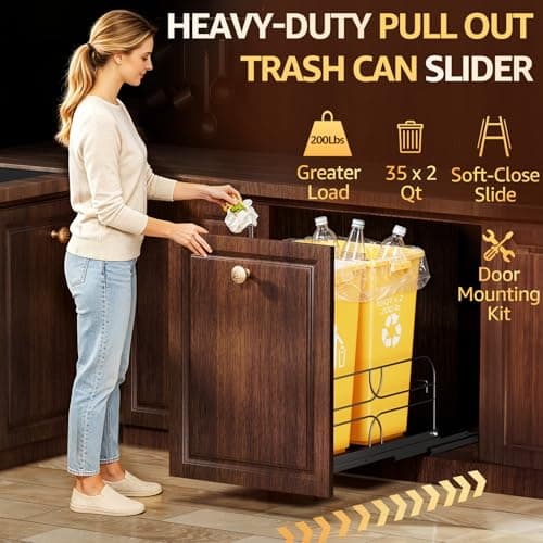 RUNMI Double Pull Out Trash Can Under Cabinet with Soft-Close Slides, 200LB Heavy-Duty Black Under Sink Trash Can Pull Out for Kitchen, Fits Minimum Cabinet Opening 16" W x 23" D, Can Not Included view 4