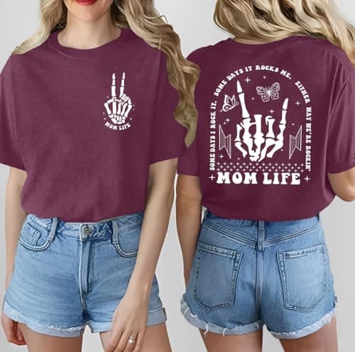 Ithalt Womens Mama Shirt Mom Life Shirts Skeleton Mother Printed T-Shirt Rock and Roll Short Sleeve Tops view 2