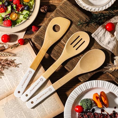 Wooden Spoons for Cooking Bamboo Utensils Set (6 Pieces) - Essential Tools Wooden Spatula & Spoons for Everyday Stirring, Mixing, Flipping & Serving, Gentle on Nonstick Cookware, White view 2
