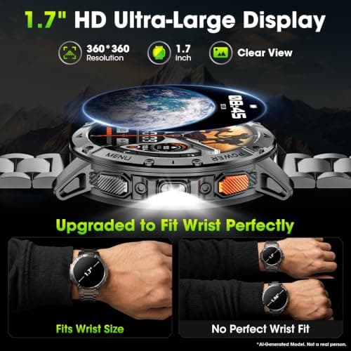 Military Smart Watch for Men, 1.7" Smartwatch with Flashlight & SOS Light | 1400mAh 90-Day standy battery life, Fitness Tracker with 110+ Sports modes, Bluetooth call, Compatible for Android phones iOS view 3