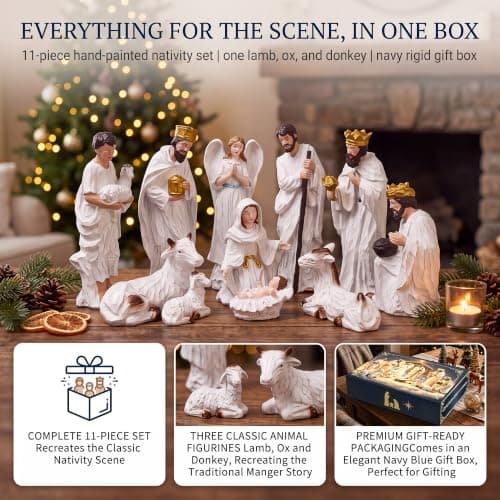 Livilord 11-Piece Hand-Painted Christmas Nativity Set, Resin Figures Manger Scene Decor, Wise Men and Holy Family Statues, Weighted Flat Bases, Mantel Display, Vintage Style, Gift Boxed view 3