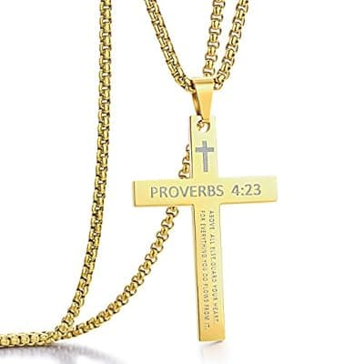 Rehoboth Stainless Steel Cross Pendant Necklaces Bible Verse Proverbs 4:23 Pendant for Men or Women Chain 24 Inch Black Gold Silver