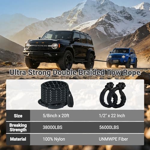 Kinetic Recovery Tow Rope 5/8" x 20ft, 38000lbs Snatch Strap,Heavy Duty Stretch Nylon Towing Ropes with 2pcs Soft Shackles for Offroad Vehicle,Jeep, SUV, ATV, UTV view 4