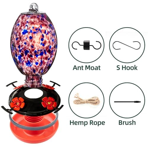 Muse Garden Glass Humming Bird Feeders for Outdoors - 27OZ Blown Glass Hummingbird Feeder - Unique Gift Mom Women Grandparents, Outdoors Hanging Garden Decor, Includes Ant Moat & Brush, Purple view 4