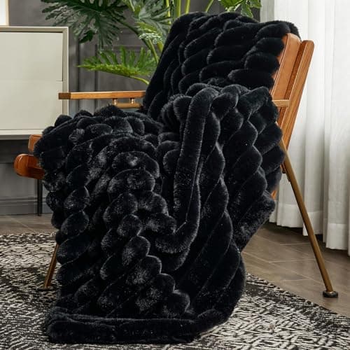 Cozy Bliss Faux Fur Throw Blanket for Couch, Cozy Warm Plush Striped Blanket for Sofa Bedroom Living Room, 50 * 60 Inches Black view 1