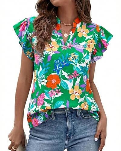 Zenlonr Womens Dressy Casual Tops 2026 Summer Ruffle Cap Sleeve V Neck Shirts Boho Floral Blouses Vacation Outfits view 1