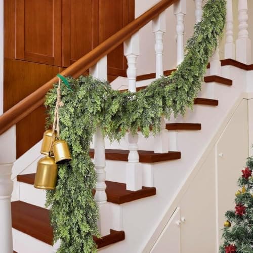 9Ft Christmas Cedar Garland, Real Touch Soft Greenery Christmas Decorations, Realistic Thick Full Lush Artificial Garland, Fireplace Mantel Staircase Railing Front Door Porch Window Indoor Home Decor view 3