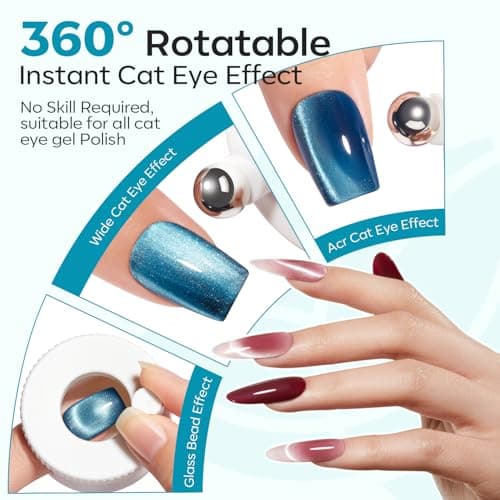 Modelones 5D Automatic Cat Eye Magnet for Nails, 5Pcs Circle Nail Magnet Tool for Cat Eye Gel Polish, 360 Rotating Cat Eye Magnet Tool, U-Shaped&Ball Magnet&Hole&Heart Magnets for Glass Bead Nail Art view 2