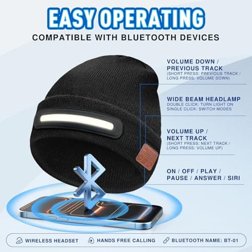 Bluetooth Beanie Hat with Light, Gifts for men, Stocking Stuffers for Men | Christmas Stocking Stuffers for Teen Boys, White Elephant Gifts for Adults Dad Him Boyfriend Dad Husband view 2