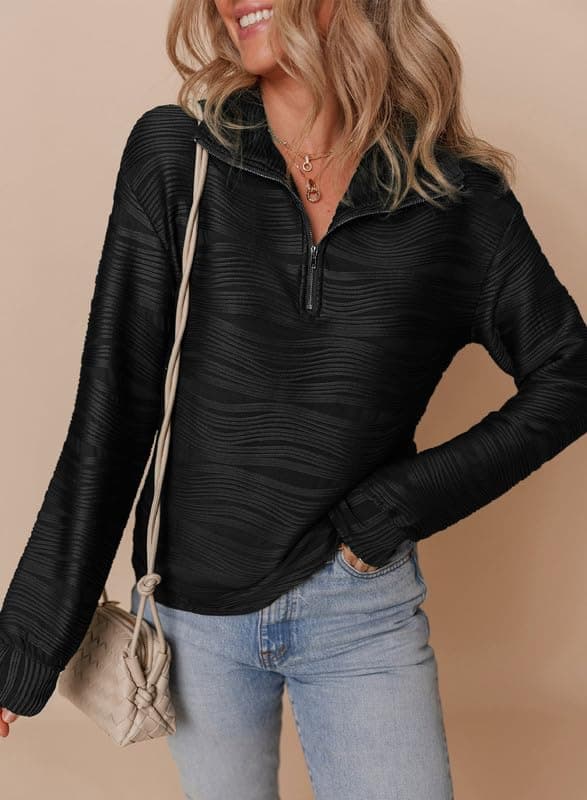 Dokotoo Women's Casual Half Zip Long Sleeve Pullover Shirts Solid Color Textured Sweatshirt Tunic Tops view 4