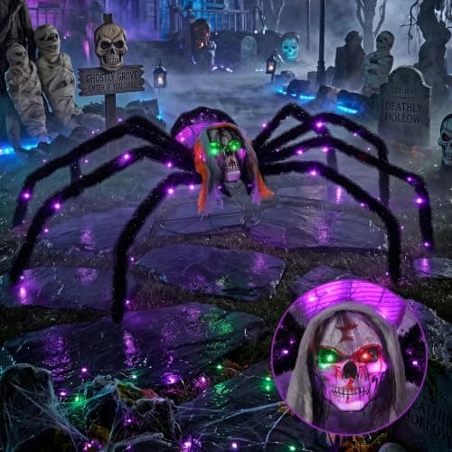 52" Halloween Giant Skull Face Spider, Lighted Outdoor Decoration with Flashing Red & Green Eyes, 70 LED Glowing Spider for Yard, Lawn, Porch, Haunted House Decor (52" Floor-Standing) — image 1
