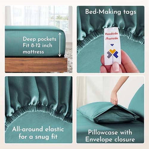 California Design Den Natural 100% Cotton Sheets Twin XL Size Set - Soft Sateen, Twin XL Sheets Set, 12" Pockets, Breathable & Durable Bedding for Dorm Rooms, College Teal (Deep Tone) view 6