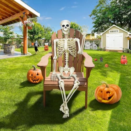 Halloween Decorations Outdoor 5.4Ft Life-Size Realistic Posable Skeleton | Full Body Realistic Human Bones with Posable Joints, Durable Outdoor/Indoor Spooky Skeleton Prop for Haunted House, Yard view 5