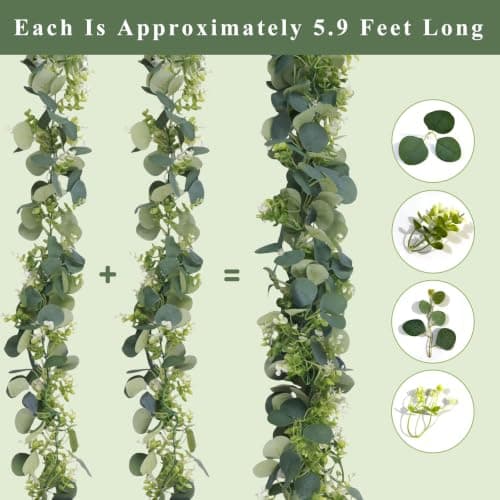ArtexDomus 2Pcs Eucalyptus Garland 6FT, Artificial Eucalyptus Garland | Faux Eucalyptus Leaves & Green Vines for Wedding Decor, Table Runner, Mantle, Arch, Wall & Home Decorations view 3