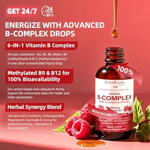 GREENPEOPLE Vitamin Methylated B Complex | Methyl B12 + L-Methyl Folate | Support Energy Metabolic, Immunity & Cognitive | 6 Super B Complex w/Mg, Ashwagandha & L‑Theanine for Women -Vegan, 2fl 2 Pack view 6