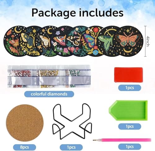 8 Pcs Diamond Art Coasters Kit with Holder, DIY Butterfly Diamond Painting Coasters for Beginners Adults, Non Slip Diamond Art Kits Craft Supplies 4x4inch view 4