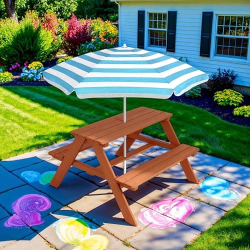 Best Choice Products Wooden Kids Picnic Table with Umbrella, Outdoor Activity Table Set with Built-in Benches, 220 lb Capacity per Bench - Golden Brown/Aqua view 2