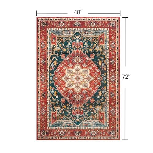 YJ.GWL Area Rugs for Living Room 4x6 Machine Washable Rugs for Bedroom, Non Slip Floral Vintage Rug Indoor Carpet, Stain Resistant Throw Rug for Dining Room Kitchen, Orange-Red view 2