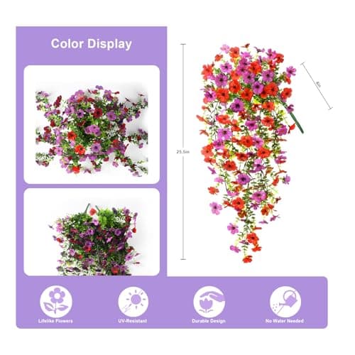 Artificial Fake Flowers Plants for Outdoors, 2 PCS UV Resistant Faux Silk Daisy with Eucalyptus Leaves Hanging Flowers for Home Garden Balcony Yard Porch Decor(Purple Red) view 2