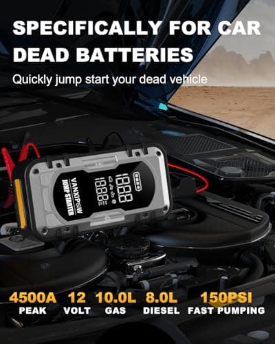 Portable Car Battery Jump Starter with Air Compressor, VANXIPOW 4500A 150PSI (9.0 L Gas/8.0L Diesel), 12V Jump Box Car Battery with 600 Lm LED Light, with Large LED Display, Power Bank view 2