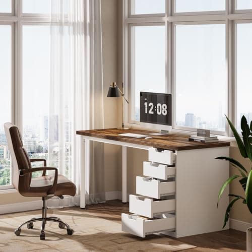 Tribesigns Modern Simple Computer Desk, 47 Inches PC Desk with 5 Reversible Drawers, Rustic Brown Study Writing Table Workstation for Home Office Small Spaces (Brown+White) view 2