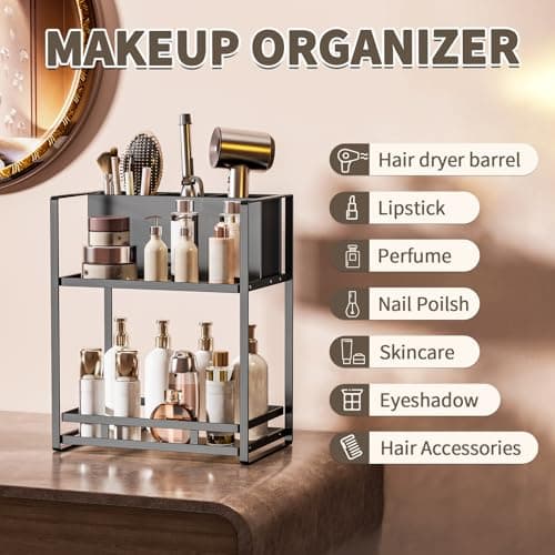 SanDream Hair Tool Organizer Bathroom Countertop, 2-Tier Metal Bathroom Organizer with Blow Dryer Holder, Large Capacity Space-Saving Vanity Shelf for Perfume, Skincare & Makeup Storage (Black) view 3
