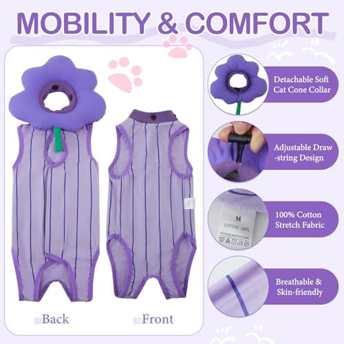 EMUST Cat Surgery Recovery Suit for Female Cats, Adjustable Soft E-Collar Alternative Onesie, Breathable Anti-Licking Post-Op Pet Pajamas for Spay & Abdominal Protection(Grapes,M) view 2