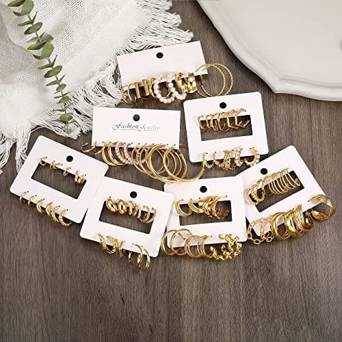 42 Pairs Gold Hoop Earrings Set for Women, Hypoallergenic Multipack Small to Chunky Hoops, Pearl & Twisted Trendy Earrings for Everyday Wear & Mothers Day Gifts view 6