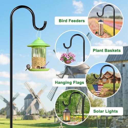 48 Inch Shepherds Hooks for Outdoor, Heavy Duty Bird Feeder Pole with 5 Prong Bases, Garden Hanging Stake for Bird Feeder, Solar Light, Plant Hanger, Wedding Decor, Metal Hanger Hooks, Black, 2 Packs view 5