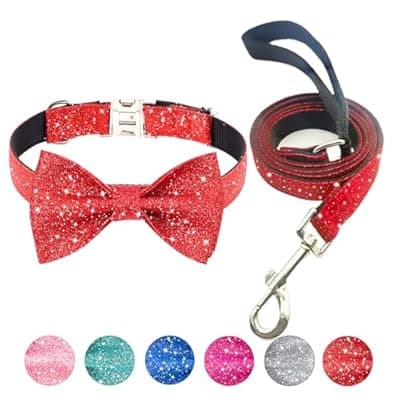 Jumpress Bling Bow Tie Dog Collar and Leash Set, Red Christmas Dog Collar with Bow and 5ft Leash for Medium Dogs, Cute Walking Boy and Girl Dogs Collar Set (Neck fit 13-19’’)