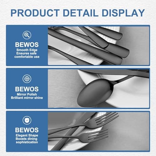 BEWOS 20 Piece silverware set - Service for 4, Black Stainless Steel Silverware Set with Mirror Polishing, Including Knives, Forks and Spoons, Dishwasher Safe, Flatware Set Suitable for Home Kitchens view 5