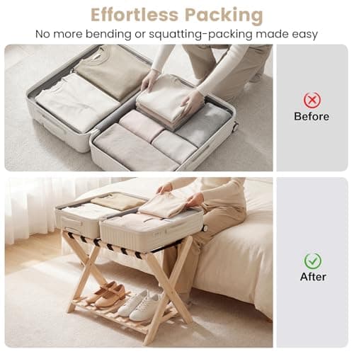 Luggage Rack Set of 2, Sturdy Wooden Luggage Rack for Guest Room, Folding Suitcase Stand with Storage Shelf, Luggage Stand with 6 Nylon Straps for Bedroom, Hotel view 4