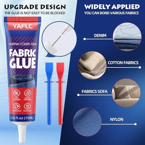 YAFLC Fabric Glue Permanent, Fabric Glue for Patch, Clear Fabrics Adhesive for Clothing Permanent Washable for All Cotton, Denim, Flannel, Polyester 2 x 75 ml view 2